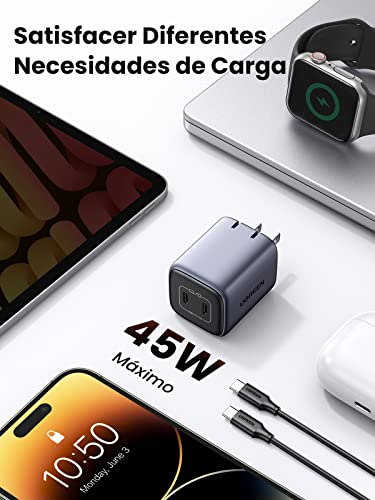 UGREEN 45W GaN Cargador Tipo C con Cable USB C 100W 1M, Gargador USB C 2 Puertos, Carga Rápida Cargador Portátil Compatible con Galaxy S23 S22 Ultra, iPhone 14 13 Pro Max, MacBook Air, iPad Pro(Negro)
