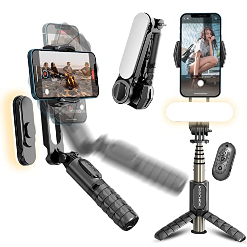 KOSCHEAL Estabilizador para Celular, Estabilizador de Cardán con Luz de Relleno para Smartphone y Trípode con Mando Inalámbrico Rotación Automática de 360°Modo de Escena con App