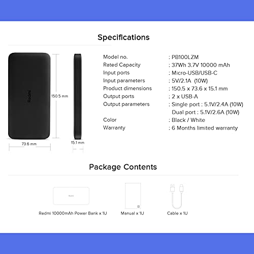 Batería externa Xiaomi Redmi carga rápida, 10000 mAh, negro