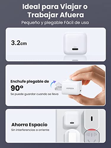 UGREEN 30W Mini Cargador USB C, GAN PD Cargador Rápido Portatil Compatible con iPhone 14 13 12 Pro MAX, Galaxy S23/S22/21, Pixel 7/7 Pr, iPad, MacBook Air