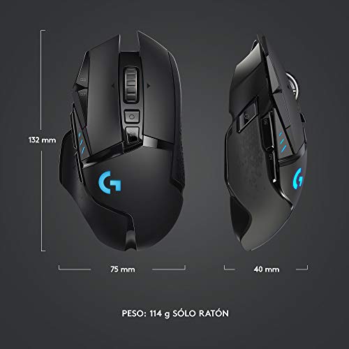 Logitech G502 LIGHTSPEED Mouse Gaming Inalámbrico, HERO 25K, 25,600 DPI, RGB, Peso Reducido, 11 Botones Programables, Batería Larga Duración, POWERPLAY-compatibile, PC, Negro