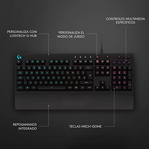 Logitech G213 Prodigy Teclado Gaming en inglés, RGB LIGHTSYNC, Teclas retroiluminadas, Resistente a Salpicaduras, Teclas personalizables, Controles Multimedia Dedicados - Negro