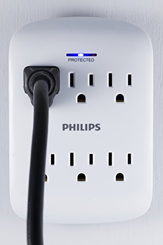 PHILIPS, Multicontacto de Pared de 6 Salidas con Supresor de Picos, 900 Julios, Protectores contra Sobretensiones, Certificacion ETL, Blanco, Paquete de 2, SPP3466WA/37