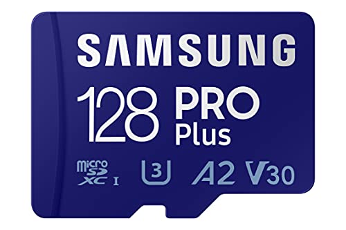 SAMSUNG Pro Plus + Adaptador microSDXC de 128 GB hasta 160 MB/s UHS-I, U3, A2, V30, Full HD y 4K UHD Tarjeta de Memoria