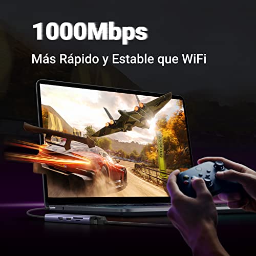 UGREEN Hub USB C, 7 en 1 Adaptador USB C con HDMI 4K 60Hz, Gigabit Ethernet, 100W PD Carga, Lector de Tarjetas SD/TF, 2 USB 3.0, Compatible con MacBook Pro Air M1 M2 iPad DELL Switch Steam Deck