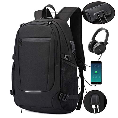 Mochila antirrobo, Unisex Mochila impermeable con puerto de carga USB Interfaz para auriculares y bloqueo con contraseña con la red de baloncesto, Mochila para Portátil de 12-15.6 Pulgadas(Negro)