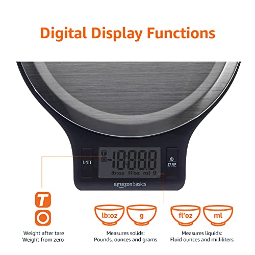 Basics Báscula digital de cocina con pantalla LCD, baterías  incluidas, pesa hasta 11 libras, negro y acero inoxidable