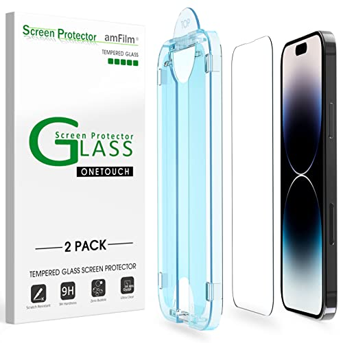 amFilm [2 Piezas] OneTouch Diseñado para iPhone 14 Pro Max 6.7'' Protector de Pantalla, Mica Cristal Vidrio Templado, Más Fácil de Instalar, sin burbujas, Cobertura Total, Compatible con Estuches