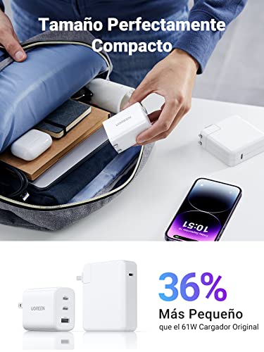 UGREEN 65W Cargador USB C con 3 Puertos, Cargador Carga Rapida Plegable Compatible with MacBook Pro/Air, iPhone 14/14 Pro MAX/iPhone 13/Pro MAX, DELL XPS 13, Steam Deck, Galaxy S22/S21, iPad Pro