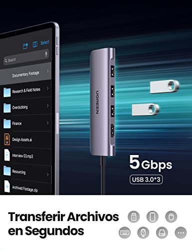 UGREEN HUB USB C, 6 en 1 Adaptador USB C Hub a HDMI 4K Lector Tarjeta SD TF, 3 USB 3.0 Compatible con iPad Pro/Macbook Pro/Air/iMac 2022 2021 2020 2019 2018/ DELL XPS 13 15/ Galaxy S23