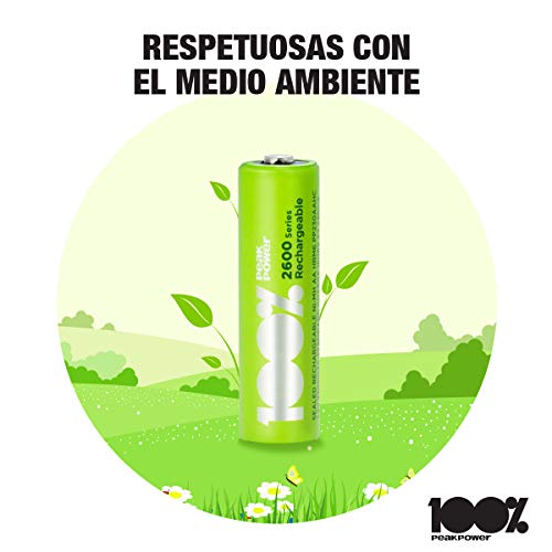 100%PeakPower Pilas AA Recargables 2600 mAh NiMH | Lote de 4 | Alto Rendimiento, Precargadas, Larga duración