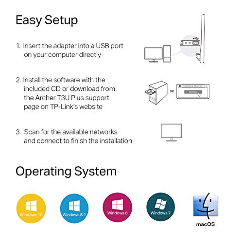 TP-Link Archer T3U Plus Adaptador USB Wifi para PC AC1300Mbps Adaptador de red inalámbrico para escritorio con antena de 2,4 GHz / 5 GHz de banda dual de 5 dBi de alta ganancia, compatible con Windows