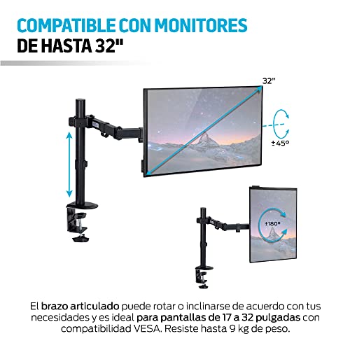 Redlemon Soporte para Monitor de Hasta 32” Pulgadas (9 Kg), Base para Escritorios de 1 a 9 cm de Grosor, Compatibilidad Universal, Ajuste Horizontal y Vertical, Fácil de Colocar con Kit de Instalación