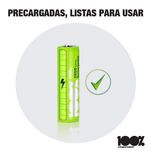 100%PeakPower Pilas AA Recargables 2600 mAh NiMH | Lote de 4 | Alto Rendimiento, Precargadas, Larga duración