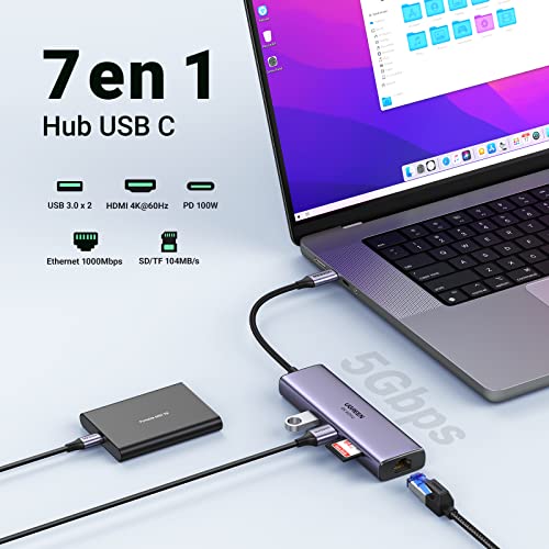 UGREEN Hub USB C, 7 en 1 Adaptador USB C con HDMI 4K 60Hz, Gigabit Ethernet, 100W PD Carga, Lector de Tarjetas SD/TF, 2 USB 3.0, Compatible con MacBook Pro Air M1 M2 iPad DELL Switch Steam Deck