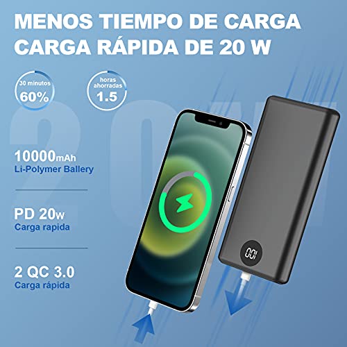 Power Bank 10000 mAh Batería Externa Carga Rápida 20 W PD Con Pantalla LED Cargador Portátil con Cable Tipo C 3 Salidads USB de Alta Velocidad Compatible para iPhone 13 Samsung Xiaomi Huawei iPad