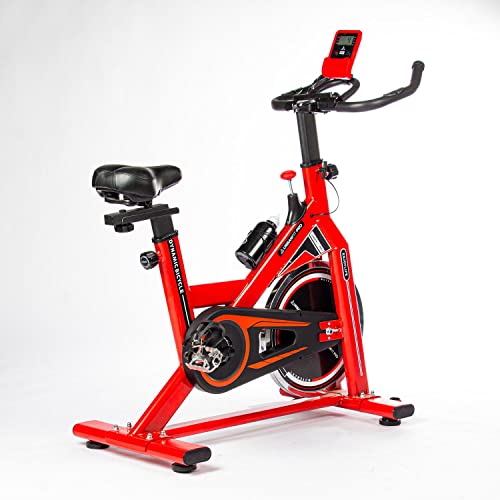 Bicicleta Spinning Estática UrbanFit Pro de 18 Kg – Profesional Indoor Cardio – Monitor Electrónico 7 Funciones – Completamente Ajustable – Bici Fija Spinning – Cardio en Casa, Piernas y Glúteos - Rojo - Unitalla