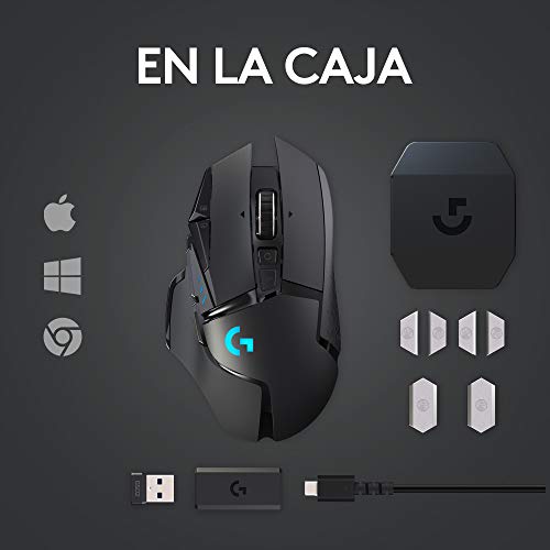 Logitech G502 LIGHTSPEED Mouse Gaming Inalámbrico, HERO 25K, 25,600 DPI, RGB, Peso Reducido, 11 Botones Programables, Batería Larga Duración, POWERPLAY-compatibile, PC, Negro