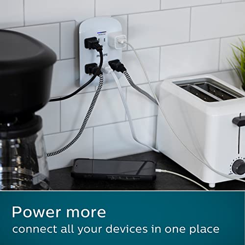 PHILIPS, Multicontacto de Pared de 6 Salidas con Supresor de Picos, 900 Julios, Protectores contra Sobretensiones, Certificacion ETL, Blanco, Paquete de 2, SPP3466WA/37