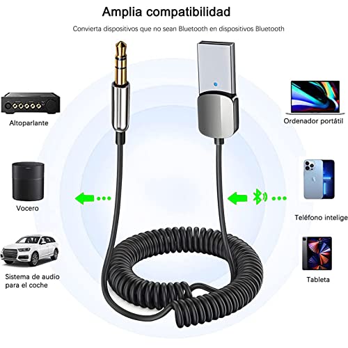 Adaptador Bluetooth Auto, Bluetooth 5.0 Adaptador para Coche, 3.5mm AUX y USB Receptor Bluetooth para Coche, Para Automóvil con Micrófono Incorporado y un cable elástico TPE premium de 0.3M-1.5M