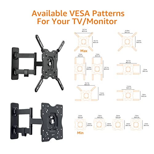 Amazon Basics - Soporte de pared para monitor de TV articulado de movimiento completo para televisores de 26 a 55 pulgadas y paneles planos de hasta 80 libras, color negro