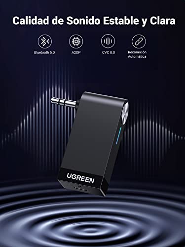 UGREEN Receptor Bluetooth 5.0 de Coche, Bluetooth Coche Aux con Micrófono para Llamadas Manos Libres, HiFi Estéreo Adaptador Bluetooth Jack 3.5 para Radio del Coche, Altavoz, Auriculares, Amplificador