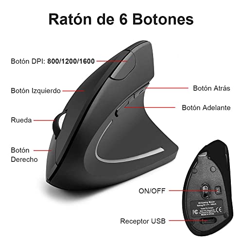 E T EASYTAO Mouse Inalámbrico Ergonómico Recargable, 2.4GHz Ratón Óptico Inalámbrico con Receptor USB para Mac y Windows, Diseño Ergonómico, 6 Botones, 800/1200/1600DPI, Protege el Brazo