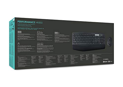 Logitech MK850 Combo Teclado y Mouse Multidispositivos, 2.4 GHz/Bluetooth, Estructura Curvada, Ratón Inalámbrico,12 Botones Programables,Batería de hasta 3 Años,PC/Mac - Negro