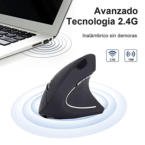 E T EASYTAO Mouse Inalámbrico Ergonómico Recargable, 2.4GHz Ratón Óptico Inalámbrico con Receptor USB para Mac y Windows, Diseño Ergonómico, 6 Botones, 800/1200/1600DPI, Protege el Brazo