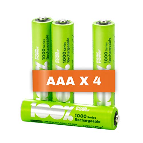 100%PeakPower 4 x Pilas Recargables AAA 1000 Series | Capacidad mínima Garantizada 800 mAh NiMH | Pilas AAA Recargables Que Vienen precargadas Listas para Usar | Bajo Nivel de autodescarga