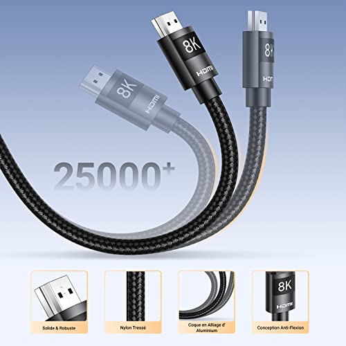 UGREEN Cable HDMI 2.1 8K, Alta Velocidad 48Gbps 120Hz 60Hz Nylon Trenzado Soporte Dynamic HDR eARC Dolby Atmos HDCP Compatible con PS5 PS4 Xbox TV Proyector de Blu-ray, 2M