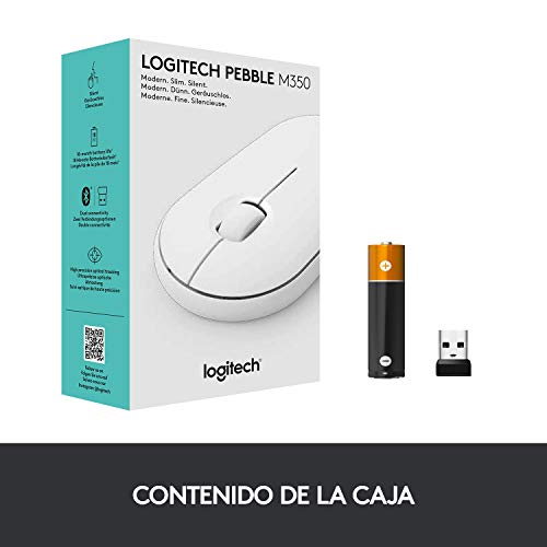 Logitech M350 Pebble, Mouse inalámbrico con Bluetooth o receptor USB de 2,4 GHz, Silencioso y Minimalista, con clic silencioso para Laptop, iPad, PC y Mac - Blanco