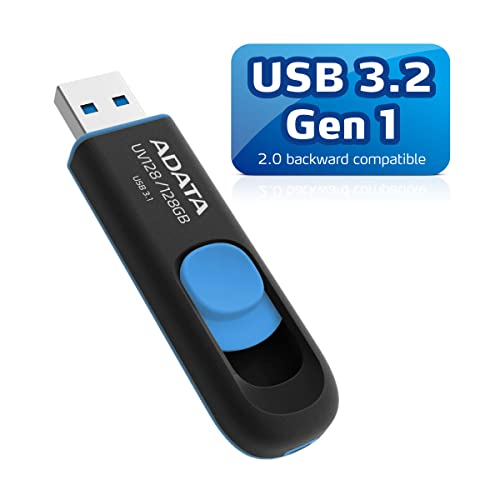 ADATA 128 GB Memoria Flash USB 3.0 Deslizable Color Negro con Azul (Modelo UV128)