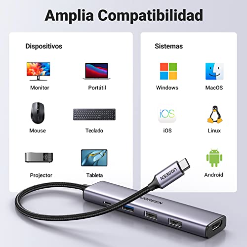 Adaptador de concentrador USB C a USB 3.0, Adaptador USB tipo C, Aluminio