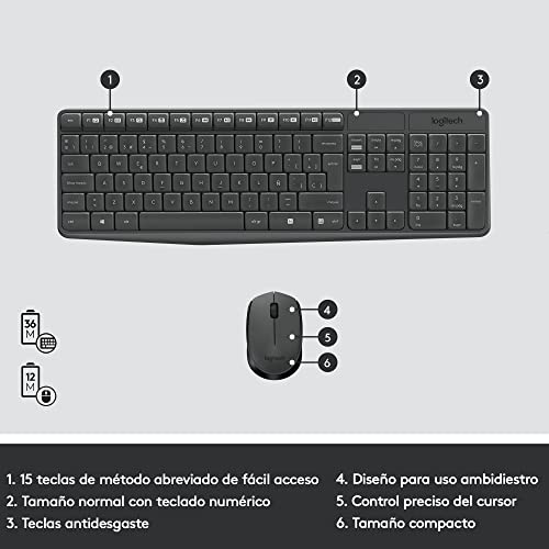 Logitech MK235 Combo Teclado y Mouse Inalámbricos para Windows, Conexión 2.4 GHz con Receptor USB Unifying, 15 Teclas F, Batería Larga Duración, Compatible con PC, Laptop - Negro