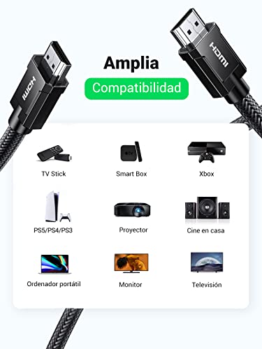 UGREEN 8K Cable HDMI 2.1 Certificado Trenzado de Nylon, Soporte 8K 60Hz Ultra HD, HDR dinámico, Alta Velocidad 48Gbps, Dolby Vision, eARC, Compatible para PS5, Xbox One, Switch, Roku, PS4(2M)