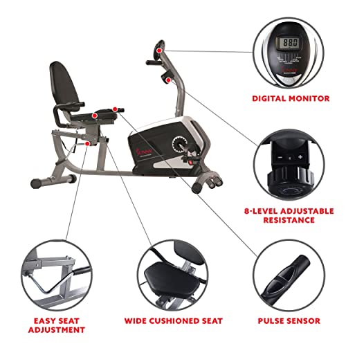 Bicicleta de Ejercicios Bicicleta Reclinada Magnética Sunny Health & Fitness, Capacidad de 135 kgs, Asiento de Ajuste Fácil, Monitor, Monitor de Pulso Cardiaco, SF-RB4616, Gris
