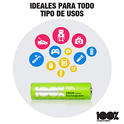 100%PeakPower Pilas AA Recargables 2600 mAh NiMH | Lote de 4 | Alto Rendimiento, Precargadas, Larga duración