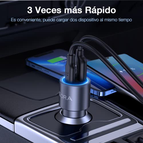 1 Hora Cargador Auto Carga Rapida 38W, Cargador Carro Tipo C PD 20W y QC 3.0 18W con Cable USB C a USB C 3A Compatible con iPhone 14/13/12 Pro MAX XR Samsung Galaxy S23 S22 S21 Motorola Xiaomi