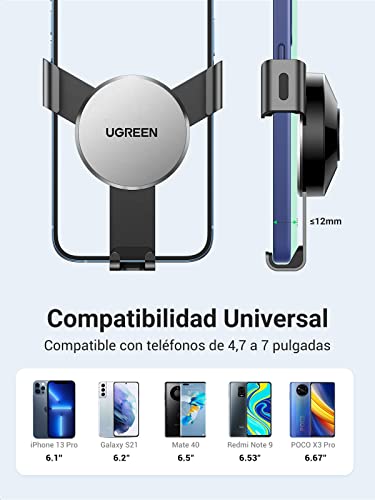UGREEN Soporte Celular Auto por Gravedad para Ventilación, Porta Base Celular para Automóvil, Car Phone Holder Compatible con Celular de 4.7''-7'', como iPhone 14 13 12 Pro Max, Galaxy S23 Ultra, S23, S22 Ultra, Redmi, Gris