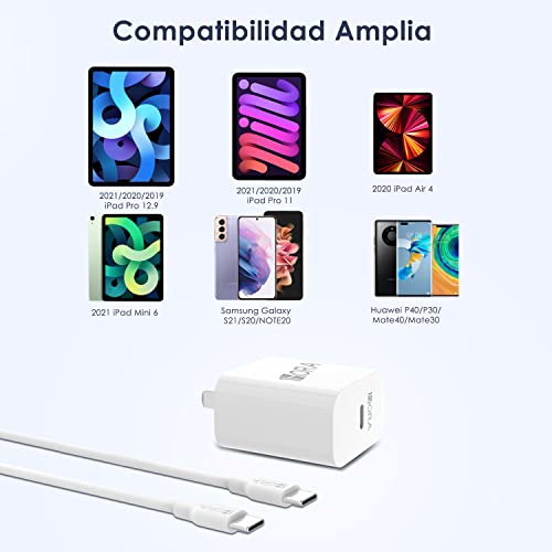 1 Hora Cargador Tipo C, PD 20W Carga Rápida con Cable USB C a C 1M 3A para Samsung Galaxy S21 Ultra/Note10/S20 Ultra/S10/S9/S8 /Huawei P30/Xiaomi 11/Motorola