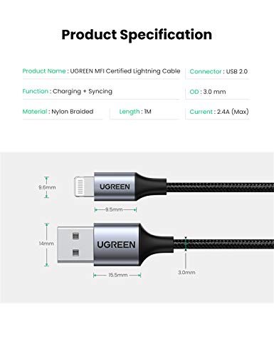 UGREEN Lightning Cable, (MFI Certificado) Cable Nylon Trenzado 8 PIN Compatible con iPhone 14/13/13 Pro/13 Pro Max/12/12 Pro/11/XS MAX/8 Plus, iPad Pro, ipad mini 4 3, Air Pro, iPod, y Más(2M, Negro)