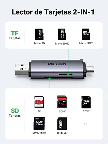 UGREEN Lector de Tarjetas USB C OTG 5Gbps para TF, SD, Micro SD, SDXC, SDHC, MMC, RS-MMC, Micro SDXC, Micro SDHC, UHS-I, PC Windows Mac OS Linux, Macbook Pro, Huawei Mate 20 Pro P20, Galaxy S21 S20