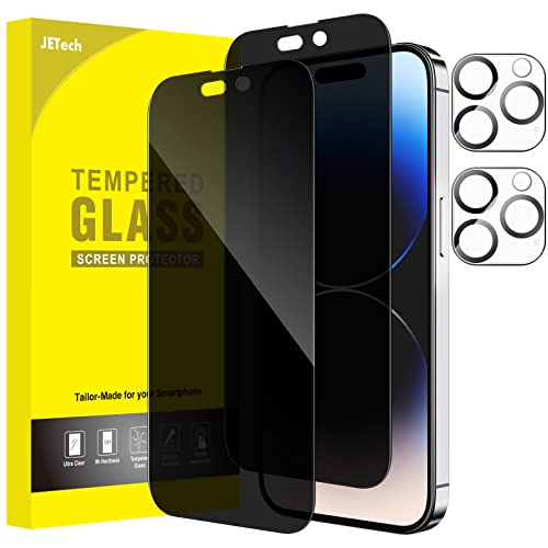 JETech Protector de Pantalla Privacidad Cobertura Completo para iPhone 14 Pro 6,1 Pulgadas, con Protector Lente Cámara, Mica Cristal Vidrio Templado Antiespia, 2 Paquetes Cada Uno