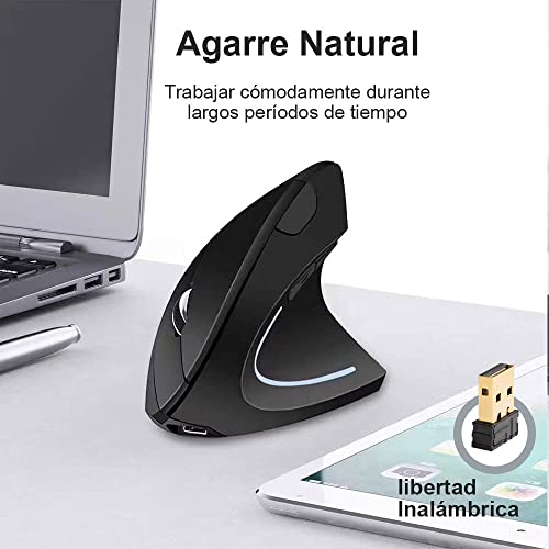 E T EASYTAO Mouse Inalámbrico Ergonómico Recargable, 2.4GHz Ratón Óptico Inalámbrico con Receptor USB para Mac y Windows, Diseño Ergonómico, 6 Botones, 800/1200/1600DPI, Protege el Brazo