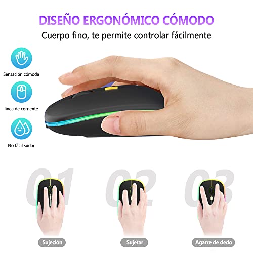 EASYTAO Mouse Inalámbrico, Mouse Bluetooth/Wireless2.4GHz Modos Dual Recargable con Iluminación RGB, Click Silencioso con Receptor USB 3 Ajustable DPI Ratón Para Computadora, Portátil, PC, Mac (Negro)