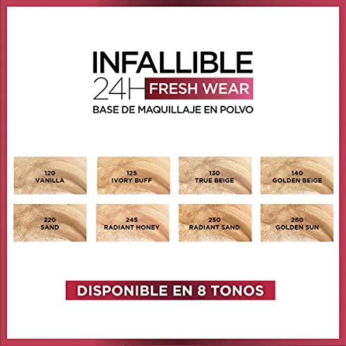 L´Oréal Paris, Base de maquillaje en polvo de larga duración, Infallible 24h Freshwear, Tono 250 Radiant Sand, 9gr