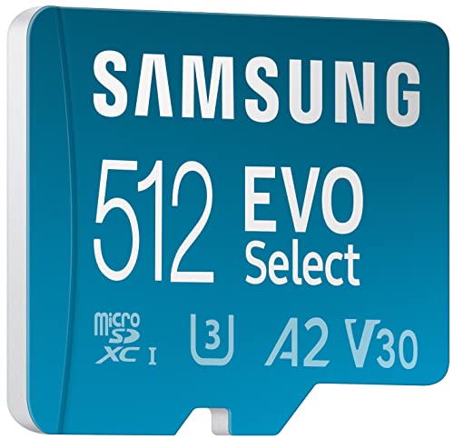 SAMSUNG EVO Select Micro SD Tarjeta de memoria + adaptador, 512 GB microSDXC 130 MB/s Full HD y 4K UHD, UHS-I, U3, A2, V30, almacenamiento ampliado para teléfonos inteligentes Android, tabletas, Nintendo-Switch (MB-ME512KA/AM)