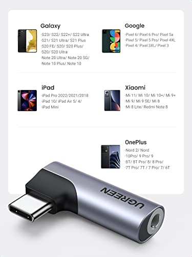 UGREEN Adaptador USB C a Jack 3.5mm DAC Chip, Adaptador Auriculares Tipo C 90 Grados Compatible con Galaxy S23/S22/S21/S20/S10/Note 20/Note 10, iPad Pro 2021, Oneplus 8, Xiaomi(Gris)