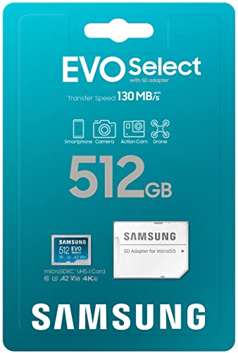 SAMSUNG EVO Select Micro SD Tarjeta de memoria + adaptador, 512 GB microSDXC 130 MB/s Full HD y 4K UHD, UHS-I, U3, A2, V30, almacenamiento ampliado para teléfonos inteligentes Android, tabletas, Nintendo-Switch (MB-ME512KA/AM)